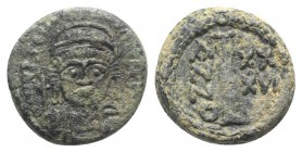 Justinian I (527-565). Æ 10 Nummi (15mm, 3.06g, 6h). Ravenna, year 36 (562/3). Diademed, helmeted and cuirassed facing bust, holding globus cruciger a...