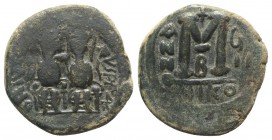 Justin II (565-578). Æ 40 Nummi (29mm, 12.59g, 6h). Nicomedia, year 7 (572/3). Justin and Sophia, both nimbate, enthroned facing; Justin holding globu...