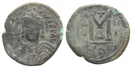 Maurice Tiberius (582-602). Æ 40 Nummi (30mm, 11.53g, 7h). Constantinople, year 3 (584/5). Helmeted and cuirassed bust facing, holding globus cruciger...