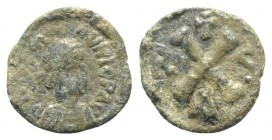 Maurice Tiberius (582-602). Æ 10 Nummi (12mm, 1.43g, 6h). Ravenna, 582/3. Pearl-diademed, draped and cuirassed bust r. R/ Large X; cross above, R to l...