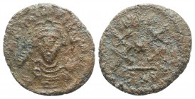 Phocas (602-610). Æ 40 Nummi (25mm, 7.40g, 6h). Ravenna, year 7 (608/9). Crowned, draped and cuirassed facing bust, holding globus cruciger and mappa....