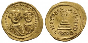 Heraclius (610-641). AV Solidus (21mm, 4.35g, 6h). Constantinople, 625-629. Crowned facing busts of Heraclius and Heraclius Constantine; cross above. ...