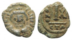 Heraclius (610-641). Æ 10 Nummi (15mm, 2.12g, 6h). Catania, year 12? (621/2). Crowned, draped and cuirassed bust facing, holding globus cruciger. R/ L...