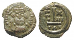 Heraclius (610-641). Æ 10 Nummi (15mm, 3.24g, 6h). Catania, year 13 (622/3). Crowned, draped and cuirassed bust facing, holding globus cruciger. R/ La...