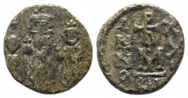 Heraclius (610-641). Æ 40 Nummi (22mm, 7.95g, 6h). Ravenna, year 23? (632/3). Crowned figures of Heraclonas, Heraclius and Heraclius Constantine stand...