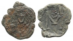 Constans II (641-668). Æ 40 Nummi (26mm, 4.72g, 5h). Syracuse, 641-647. Crowned, beardless bust facing, wearing chlamys, holding globus cruciger. R/ L...