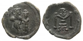 Constans II (641-668). Æ 40 Nummi (25mm, 4.53g, 6h). Syracuse, 654-659. Constans, holding long cross, and Constantine, holding globus cruciger, standi...