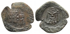 Constans II (641-668). Æ 40 Nummi (33mm, 11.25g, 5h). Syracuse, 654-659. Constans, holding long cross, and Constantine, holding globus cruciger, stand...