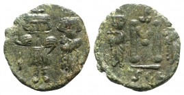 Constans II (641-668). Æ 40 Nummi (18mm, 3.09g, 6h). Syracuse, 659-668. Constans, holding long cross with r. hand, and Constantine IV, both crowned, s...