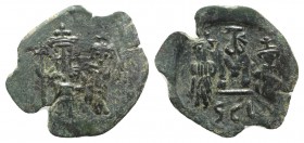 Constans II (641-668). Æ 40 Nummi (25mm, 2.83g, 6h). Syracuse, 659-668. Constans, holding long cross with r. hand, and Constantine IV, both crowned, s...