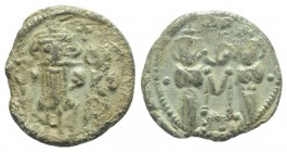 Constans II (641-668). Æ 40 Nummi (22mm, 4.81g, 9h). Syracuse, 659-668. Constans, holding long cross with r. hand, and Constantine IV, both crowned, s...