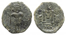 Constantine IV (668-685). Æ 40 Nummi (21mm, 4.73g, 6h). Syracuse, 672-677. Constantine, helmeted and cuirassed, standing facing, holding spear. R/ Lar...