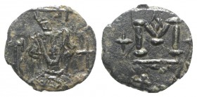 Justinian II (First reign, 685-695). Æ 40 Nummi (16mm, 1.77g, 6h). Syracuse, 689-690. Crowned and draped facing bust, globus cruciger. R/ Large M; mon...