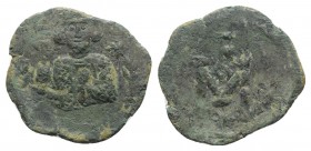 Justinian II (First reign, 685-695). Æ 40 Nummi (23mm, 4.04g, 6h). Syracuse. Crowned bust facing; branch to l., star above branch to r. R/ Large M; mo...