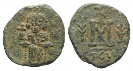 Justinian II (First reign, 685-695). Æ 40 Nummi (21mm, 4.81g, 6h). Syracuse, 692-693. Justinian enthroned facing, holding globus cruciger and akakia; ...