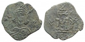 Tiberius III (698-705). Æ 40 Nummi (23mm, 2.87g, 6h). Syracuse. Crowned and cuirassed bust facing, holding spear and shield; star to l. R/ Large M; mo...
