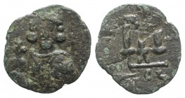 Justinian II (Second reign, 705-711). Æ 40 Nummi (20mm, 1.62g, 6h). Syracuse, year 4 (705/6). Crowned and cuirassed facing bust, holding globus crucig...