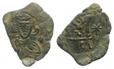 Justinian II (Second reign, 705-711). Æ 40 Nummi (21mm, 1.85g, 6h). Syracuse. Justinian standing facing, holding cross potent and globus cruciger. R/ ...