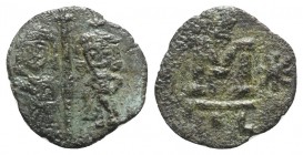 Justinian II and Tiberius (Second reign, 705-711). Æ 40 Nummi (18mm, 1.79g, 6h). Syracuse. Justinian and Tiberius standing facing, each wearing crown ...