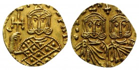 Constantine V with Leo IV and Leo III (741-775). AV Solidus (19mm, 3.51g, 6h). Syracuse, 751-775. Crowned and draped facing busts of Constantine and L...