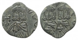 Constantine V with Leo IV (741-775). Æ 40 Nummi (19mm, 3.01g, 6h). Syracuse, 751-775. Crowned facing busts of Constantine and Leo IV, each wearing chl...
