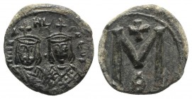Michael II and Theophilus (820-829). Æ 40 Nummi (20mm, 5.63g, 6h). Syracuse, 821-9. Crowned facing busts of Michael and Theophilus. R/ Large M; cross ...