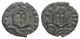 Basil I and Constantine (867-886). Debased AV Semissis (11mm, 1.01g, 6h). Syracuse, 868-879. Crowned facing bust of Basil, wearing loros, holding glob...