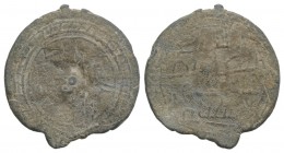 Islamic, Sicily, Round Lead Amulet, c. 10th-12th century (26mm, 3.55g). Geometric design. R/ Four lines pseudo-cufic legend. Good Fine