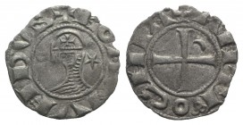 Crusaders, Antioch. Bohemund III (1163-1201). AR Denier (16mm, 0.67g, 9h). Helmeted and mailed head l.; crescent before, star behind. R/ Cross pattée;...