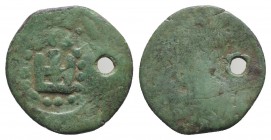 Kaffa, Genoese colony, c. 15th century. Æ Follaro (15mm, 0.88g). Castle. R/ [Tamgha]. Schlumberger pl. XVIII, 1. Pierced, green patina, VF / Poor