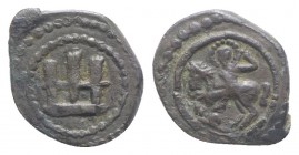 Kaffa, Genoese colony, c. 15th century. Æ Follaro (15mm, 1.64g, 9h). Castle. R/ St George l., slaying dragon. Schlumberger pl. XVIII, 3. Good VF