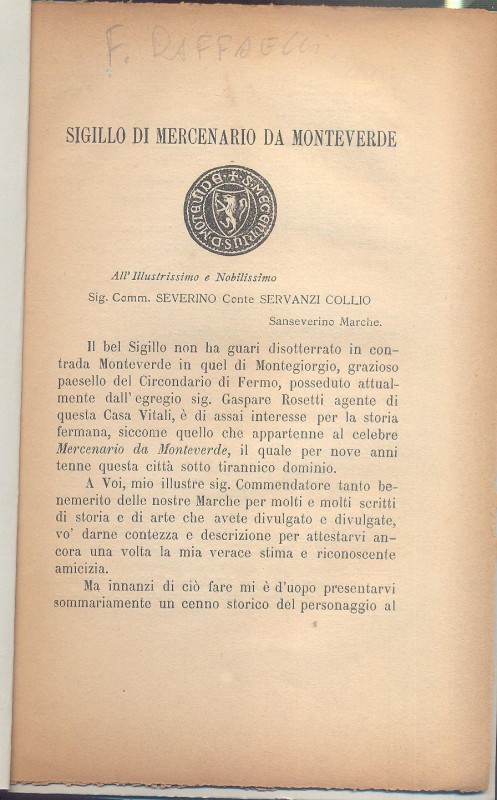 RAFFAELLI F. - Sigillo di Mercenario da Monteverde. Fermo, 1884. pp. 7, con ill....