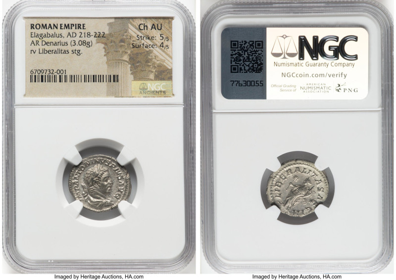 Elagabalus (AD 218-222). AR denarius (19mm, 3.08 gm, 2h). NGC Choice AU 5/5 - 4/...