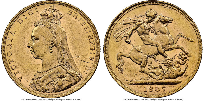 Victoria gold "Jubilee Head" Sovereign 1887-M AU58 NGC, Melbourne mint, KM10, S-...