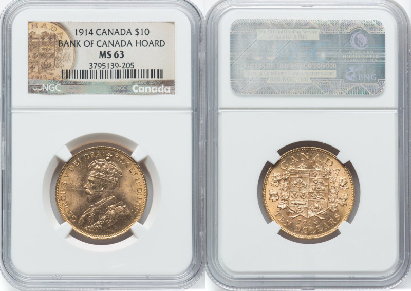 George V gold 10 Dollars 1914 MS63 NGC, Ottawa mint, KM27, Fr-3. Bank of Canada ...