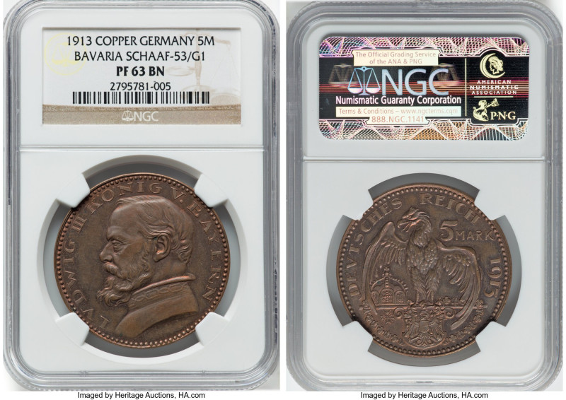 Bavaria. Ludwig III copper Proof Pattern 5 Mark 1913 PR63 Brown NGC, Munich mint...