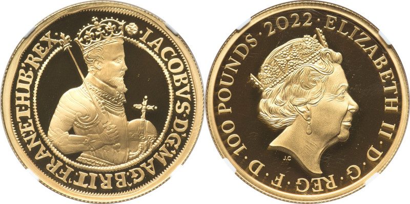 Elizabeth II gold Proof "King James I" 100 Pounds (1 oz) 2022 PR70 Ultra Cameo N...