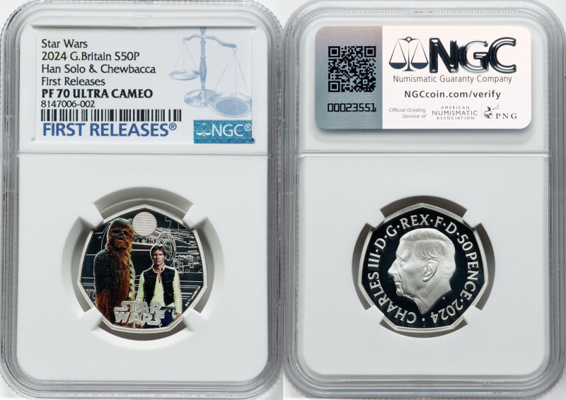 Charles III Pair of Certified "Han Solo & Chewbacca" 50 Pence 2024 NGC, 1) silve...