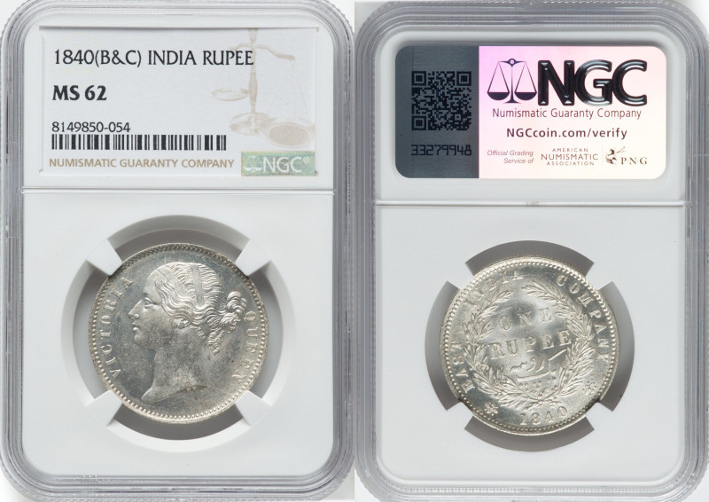 British India. Victoria Pair of Certified Rupees 1840 (b & c) MS62 NGC, Calcutta...