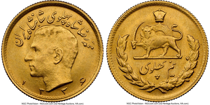 Muhammad Reza Pahlavi gold 1/2 Pahlavi SH 1336 (1957) MS64 NGC, Tehran mint, KM1...