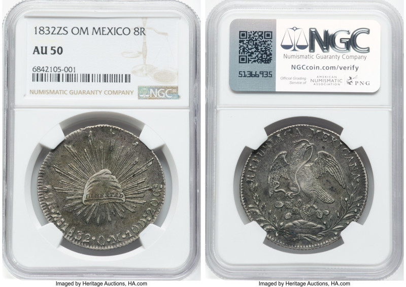 Republic 8 Reales 1832 Zs-OM AU50 NGC, Zacatecas mint, KM377.13, DP-Zs12. HID098...