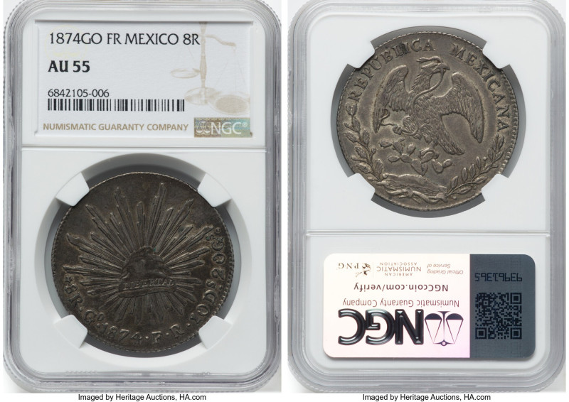 Republic 8 Reales 1874 Go-FR AU55 NGC, Guanajuato mint, KM377.8, DP-Go54. HID098...