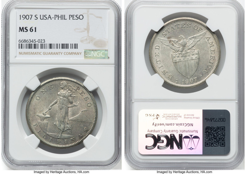 USA Administration Pair of Certified Pesos 1907-S NGC, 1) Peso 1907-S MS61, San ...