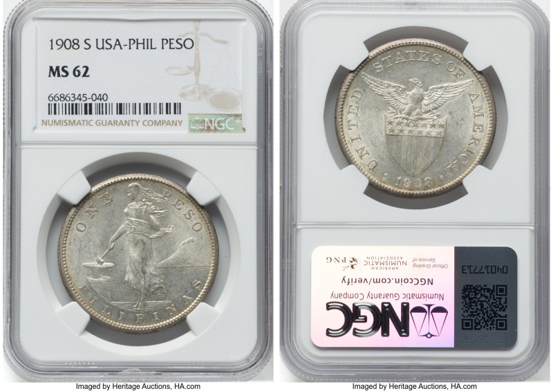 USA Administration Peso 1908-S MS62 NGC, San Francisco mint, KM172. HID098012420...