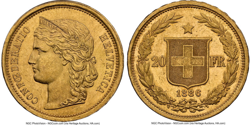 Confederation gold 20 Francs 1886 MS63 NGC, Bern mint, KM31.3, Fr-495. HID098012...