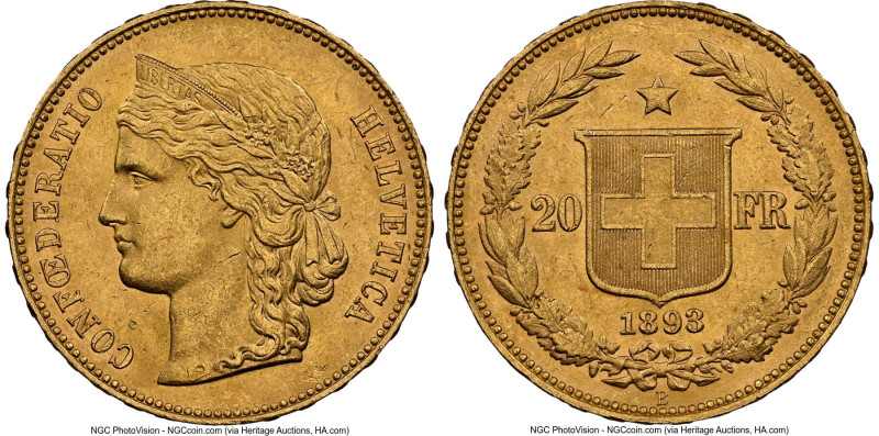 Confederation gold 20 Francs 1893-B MS63 NGC, Bern mint, KM31.3, Fr-495. HID0980...