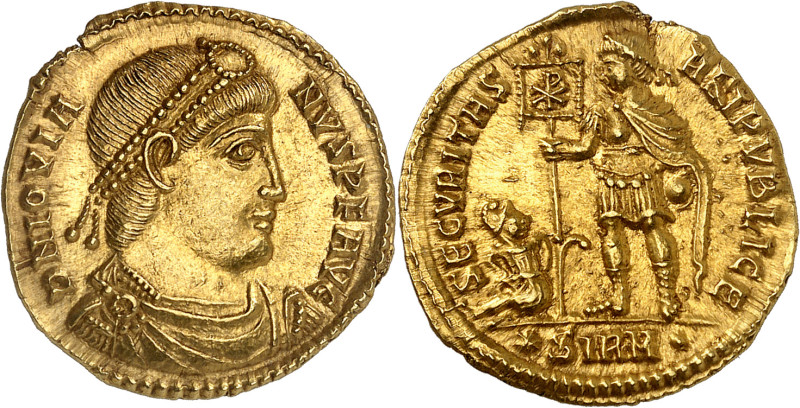 JOVIANUS, 363-364

Solidus, Sirmium, Juni 363-Febr. 364. Büste mit Diadem, Pal...