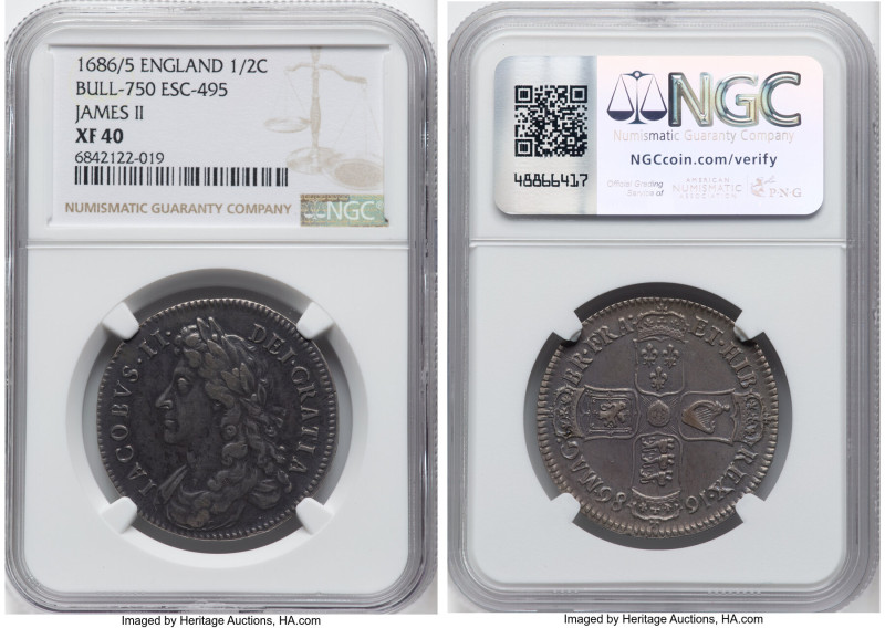 James II 1/2 Crown 1686/5 XF40 NGC, KM452, ESC-750 (R3, prev. ESC-495). A highly...