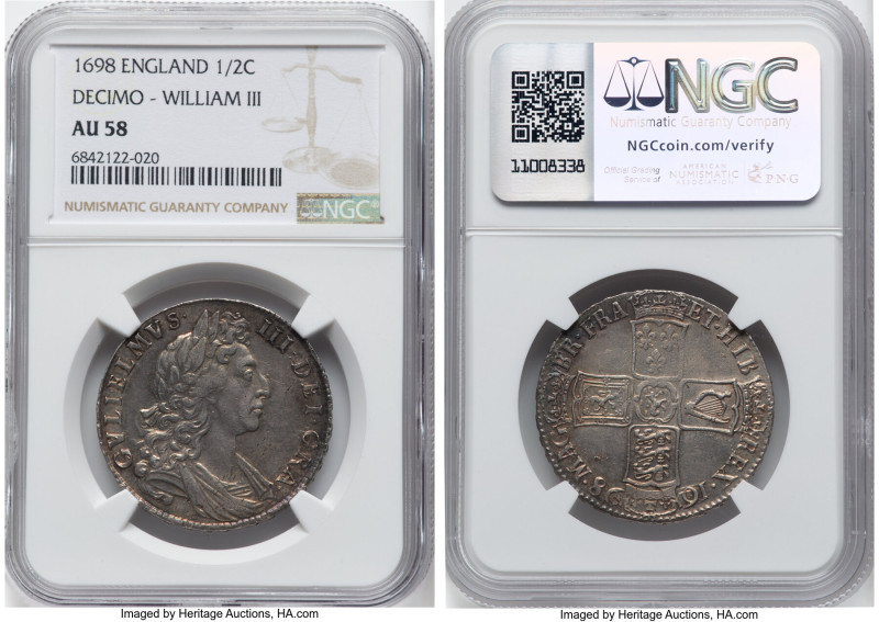 William III 1/2 Crown 1698 AU58 NGC, KM492.2, S-3494. DECIMO edge. A superb spec...