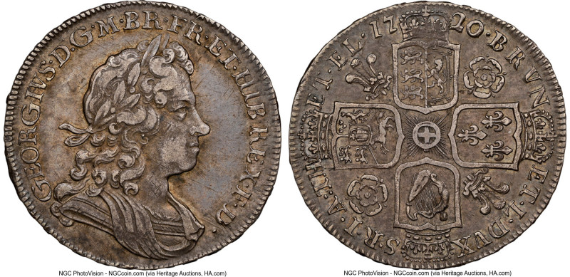 George I 1/2 Crown 1720/17 XF45 NGC, KM540.1, S-3642. Plumes and roses in angle ...